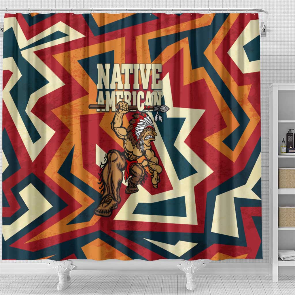 Native American Warrior Shower Curtain with Tribal Geometric Pattern Bold Sunset Mountain - Wonder Print Shop
