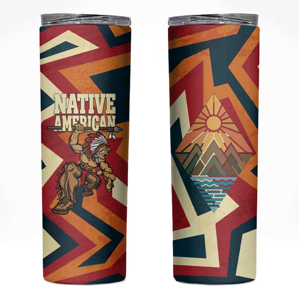 Native American Warrior Skinny Tumbler with Tribal Geometric Pattern Bold Sunset Mountain - Wonder Print Shop