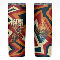 Native American Warrior Skinny Tumbler with Tribal Geometric Pattern Bold Sunset Mountain - Wonder Print Shop