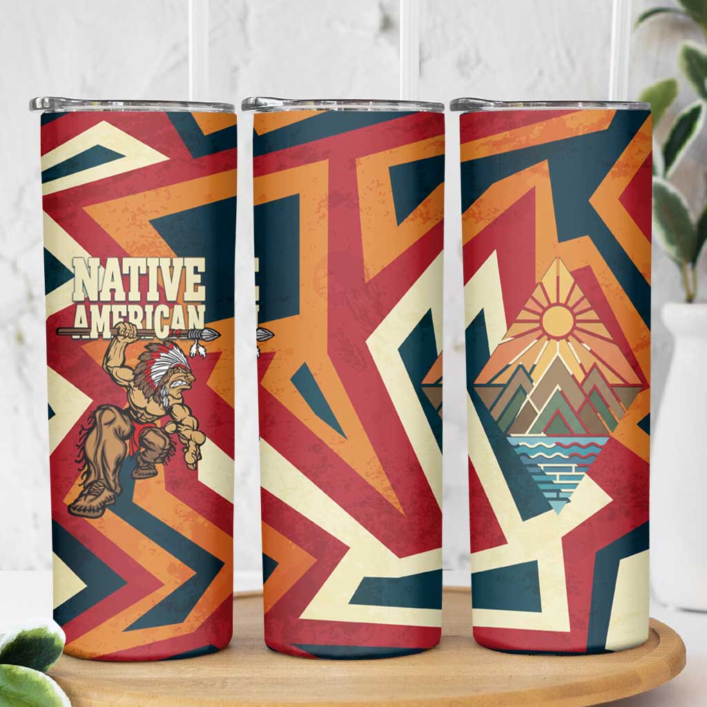 Native American Warrior Skinny Tumbler with Tribal Geometric Pattern Bold Sunset Mountain - Wonder Print Shop