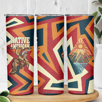 Native American Warrior Skinny Tumbler with Tribal Geometric Pattern Bold Sunset Mountain - Wonder Print Shop