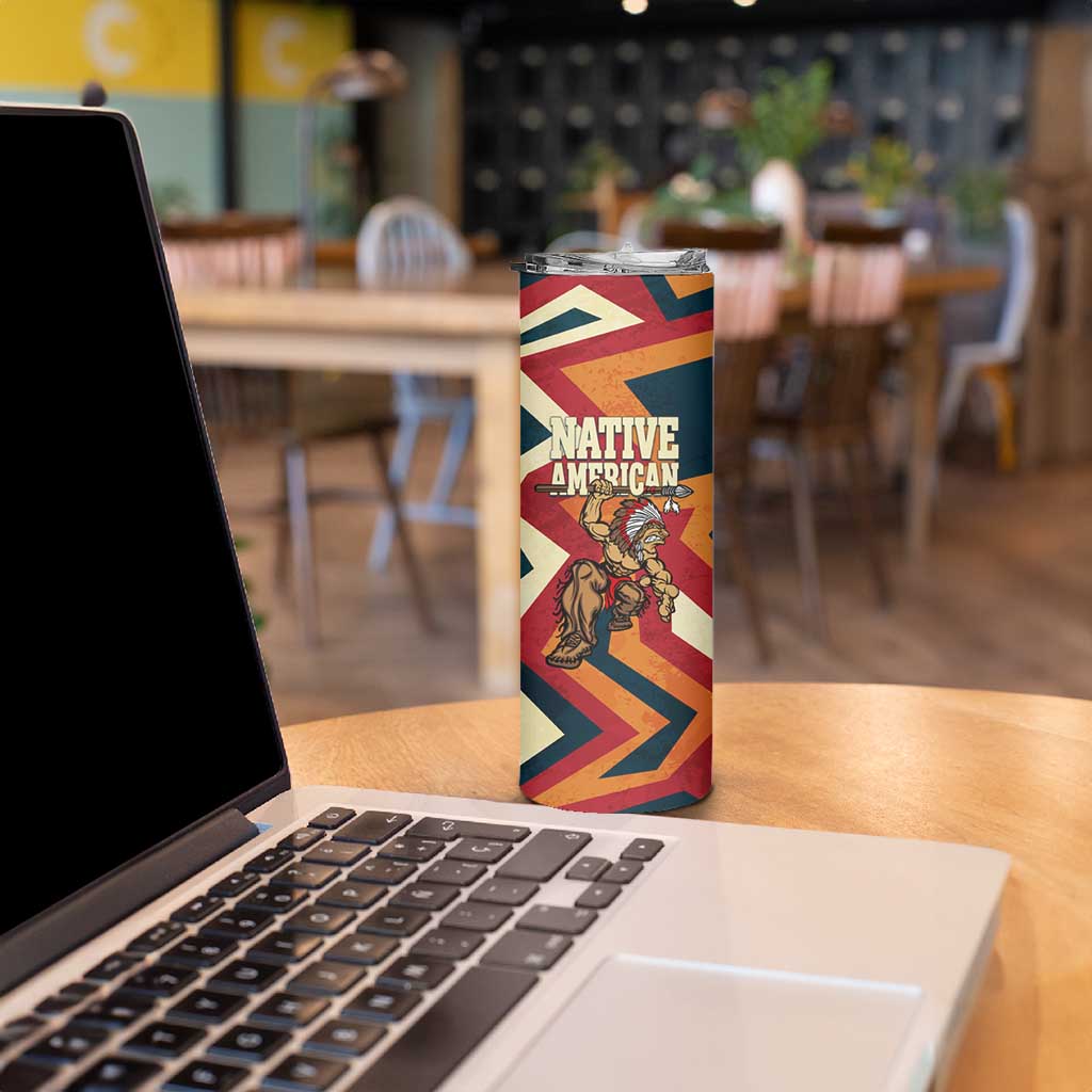 Native American Warrior Skinny Tumbler with Tribal Geometric Pattern Bold Sunset Mountain - Wonder Print Shop