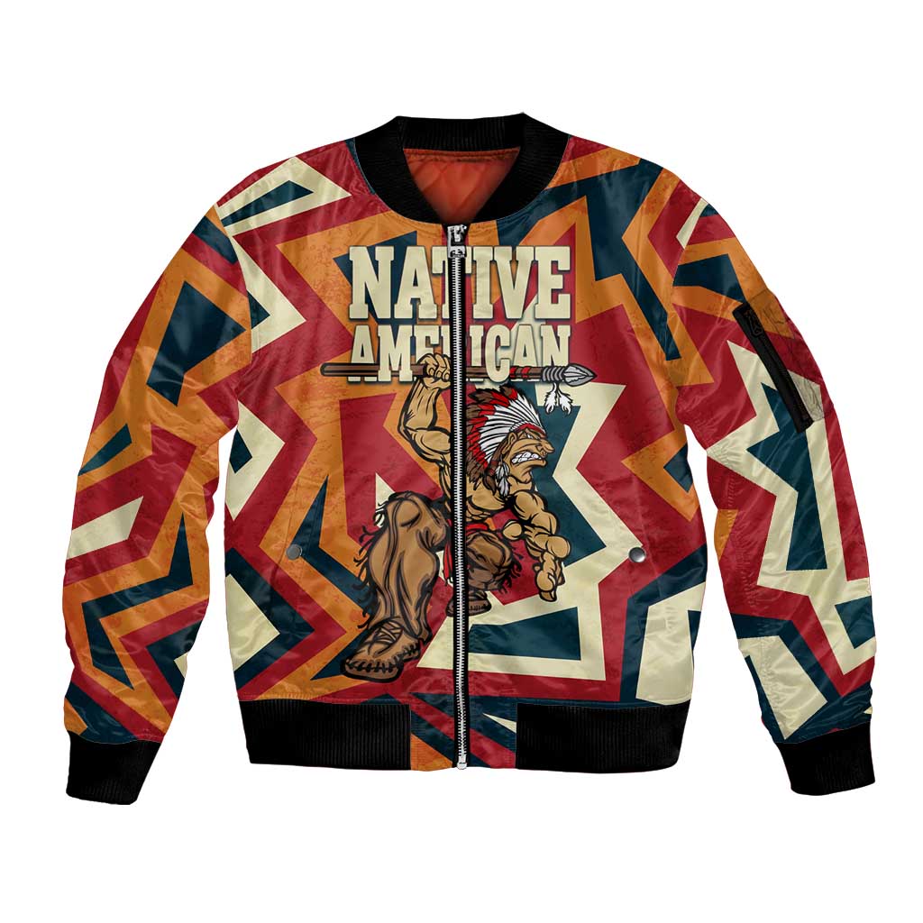 Native American Warrior Sleeve Zip Bomber Jacket with Tribal Geometric Pattern Bold Sunset Mountain - Wonder Print Shop