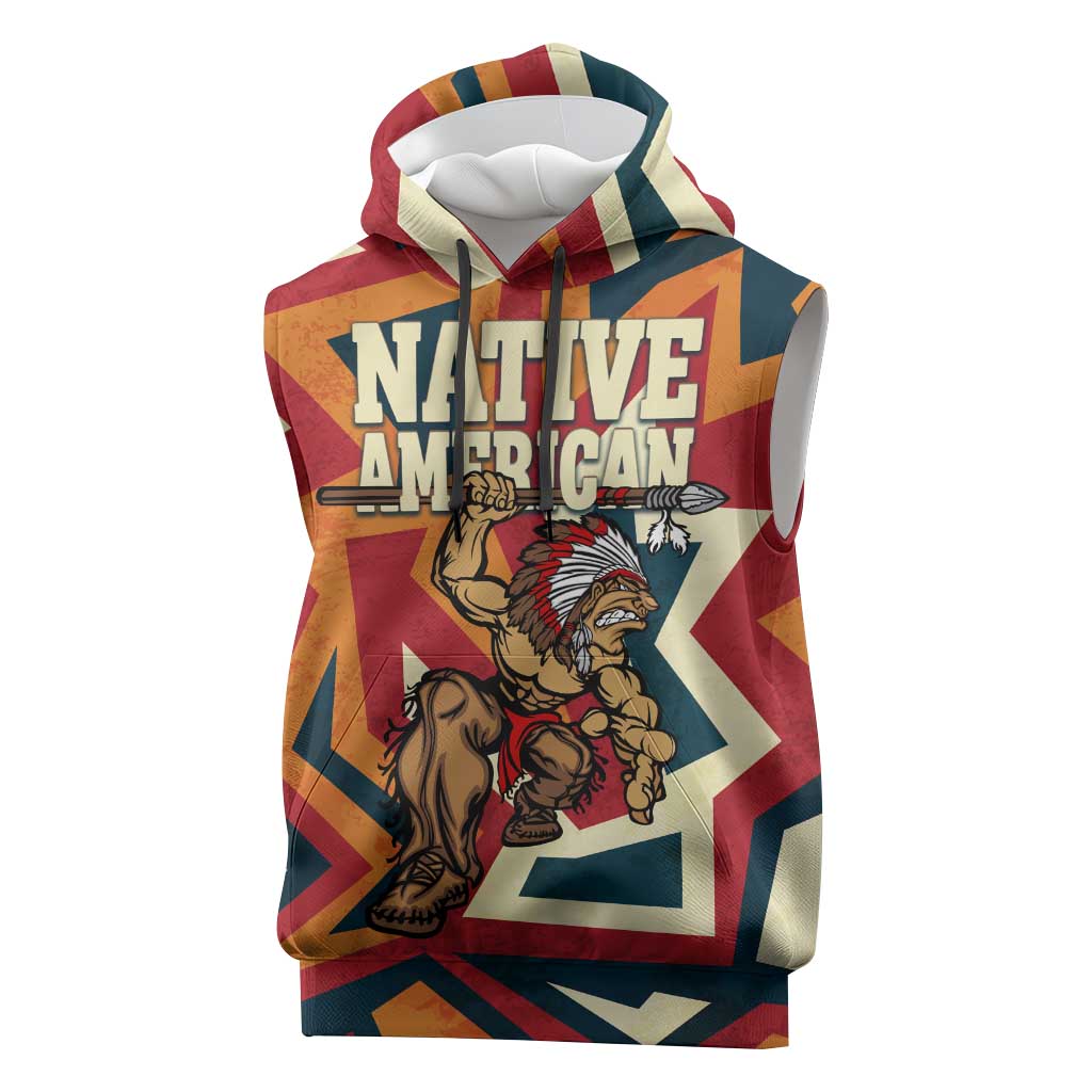 Native American Warrior Sleeveless Hoodie with Tribal Geometric Pattern Bold Sunset Mountain - Wonder Print Shop