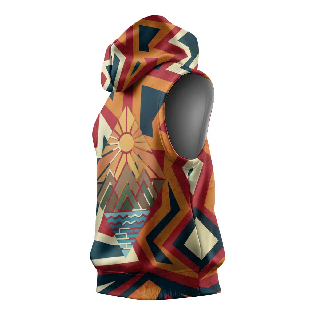 Native American Warrior Sleeveless Hoodie with Tribal Geometric Pattern Bold Sunset Mountain - Wonder Print Shop
