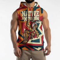 Native American Warrior Sleeveless Hoodie with Tribal Geometric Pattern Bold Sunset Mountain - Wonder Print Shop