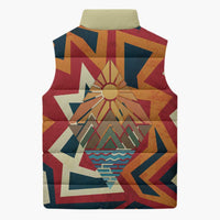Native American Warrior Sleeveless Puffer Jacket with Tribal Geometric Pattern Bold Sunset Mountain - Wonder Print Shop