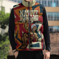 Native American Warrior Sleeveless Puffer Jacket with Tribal Geometric Pattern Bold Sunset Mountain - Wonder Print Shop
