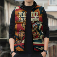 Native American Warrior Sleeveless Puffer Jacket with Tribal Geometric Pattern Bold Sunset Mountain - Wonder Print Shop