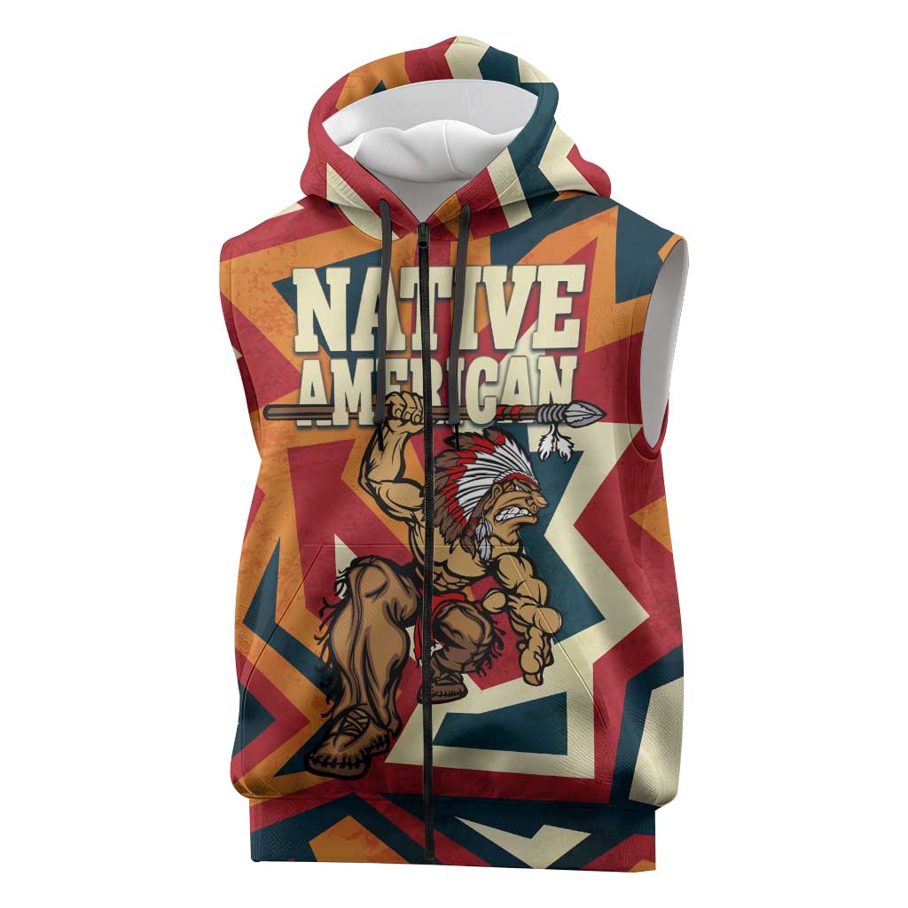 Native American Warrior Sleeveless Zip Hoodie with Tribal Geometric Pattern Bold Sunset Mountain - Wonder Print Shop