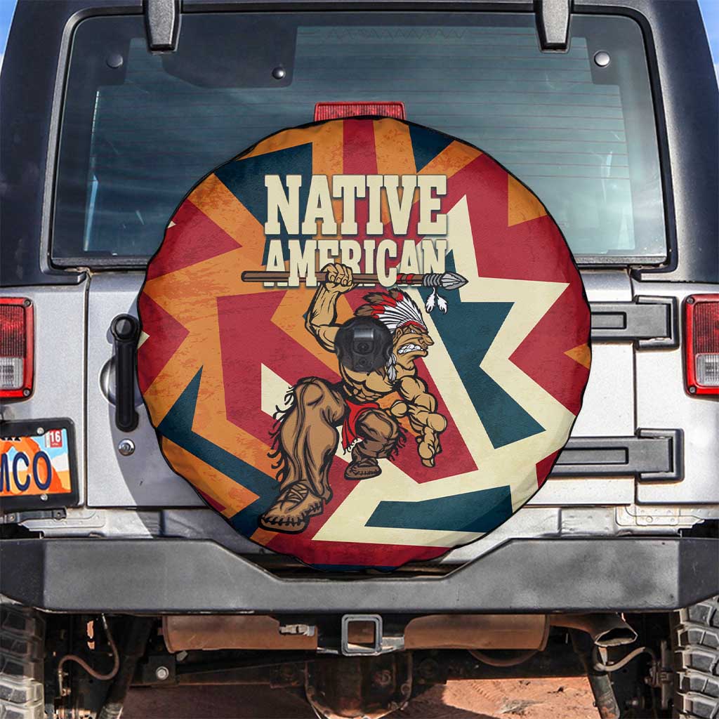 Native American Warrior Spare Tire Cover with Tribal Geometric Pattern Bold Sunset Mountain - Wonder Print Shop