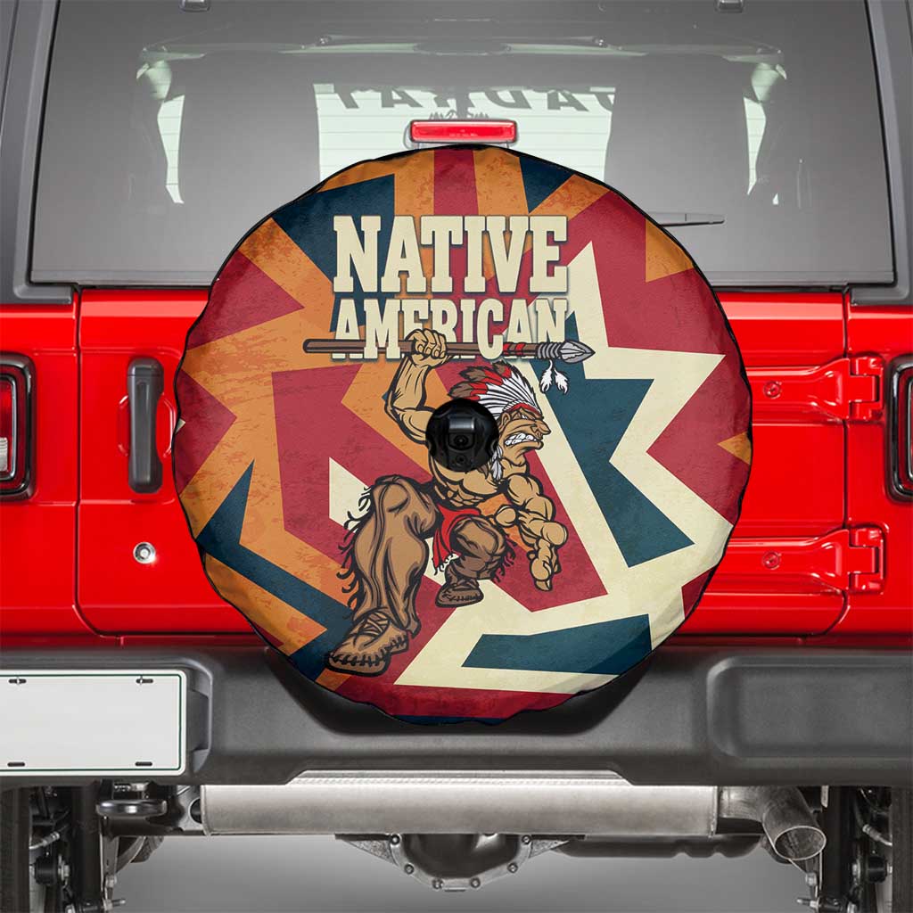 Native American Warrior Spare Tire Cover with Tribal Geometric Pattern Bold Sunset Mountain - Wonder Print Shop