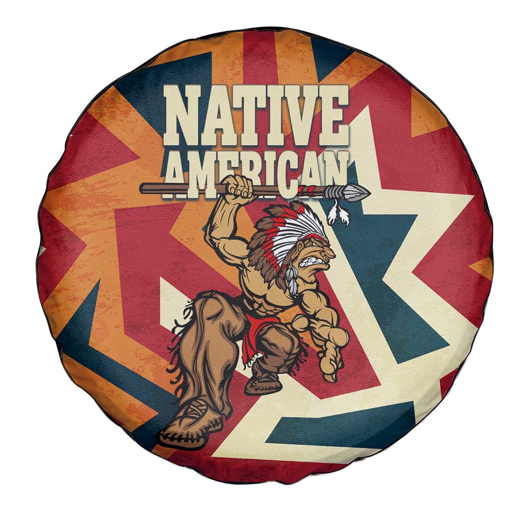 Native American Warrior Spare Tire Cover with Tribal Geometric Pattern Bold Sunset Mountain - Wonder Print Shop