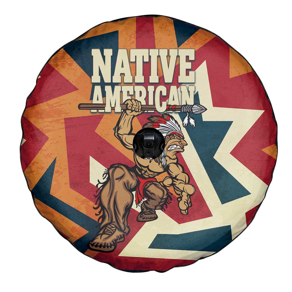 Native American Warrior Spare Tire Cover with Tribal Geometric Pattern Bold Sunset Mountain - Wonder Print Shop
