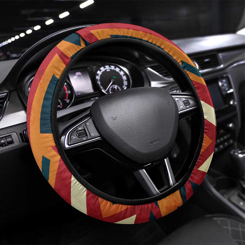 Native American Warrior Steering Wheel Cover with Tribal Geometric Pattern Bold Sunset Mountain - Wonder Print Shop