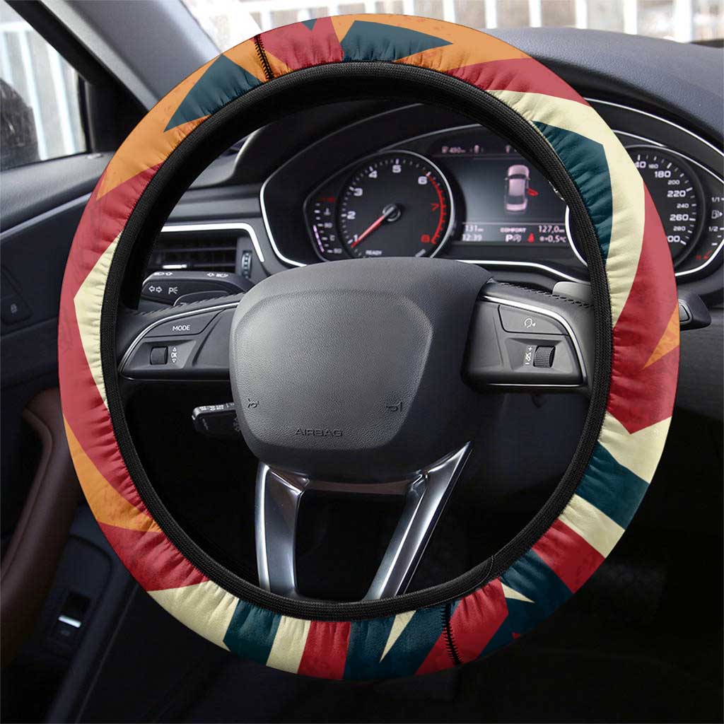Native American Warrior Steering Wheel Cover with Tribal Geometric Pattern Bold Sunset Mountain - Wonder Print Shop