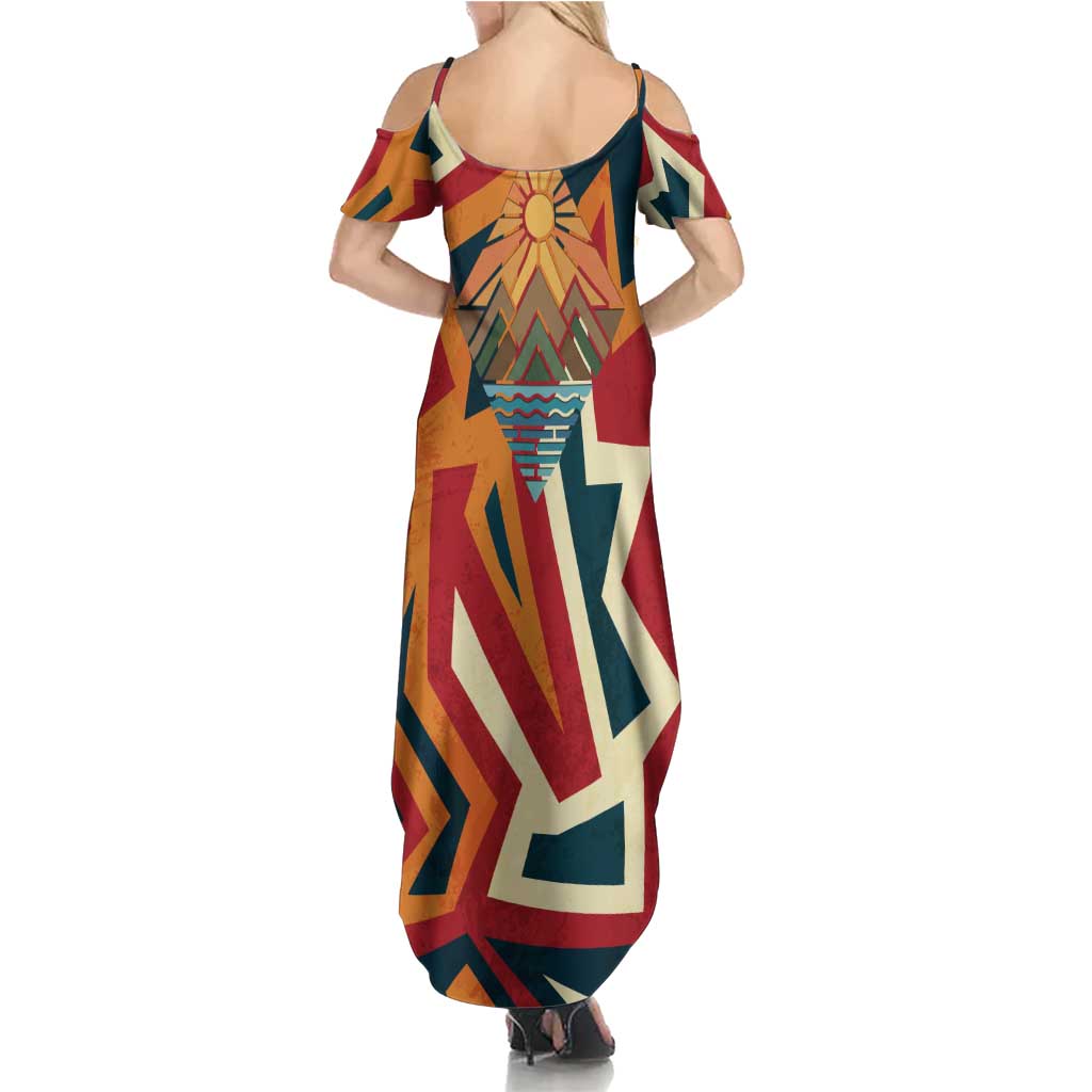 Native American Warrior Summer Maxi Dress with Tribal Geometric Pattern Bold Sunset Mountain - Wonder Print Shop