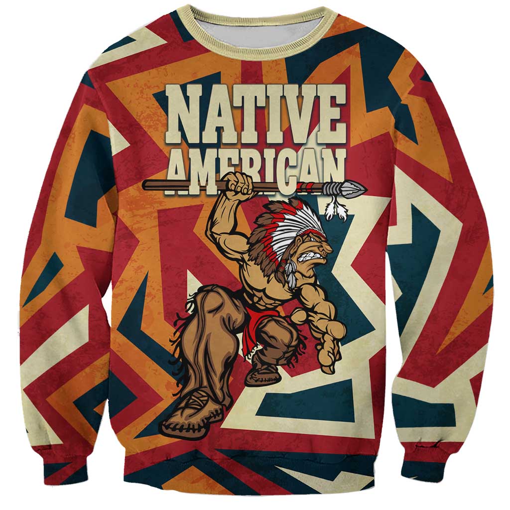 Native American Warrior Sweatshirt with Tribal Geometric Pattern Bold Sunset Mountain - Wonder Print Shop