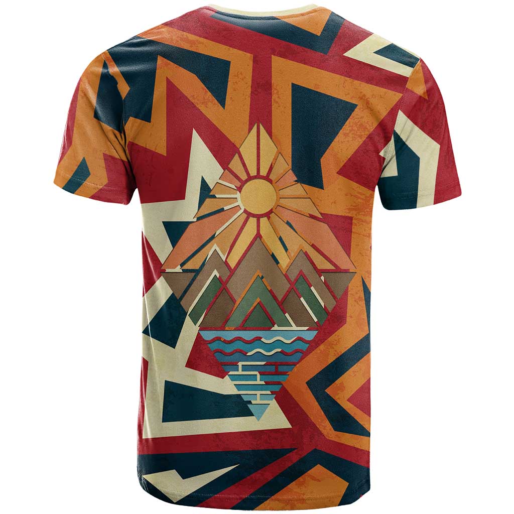 Native American Warrior T Shirt with Tribal Geometric Pattern Bold Sunset Mountain - Wonder Print Shop