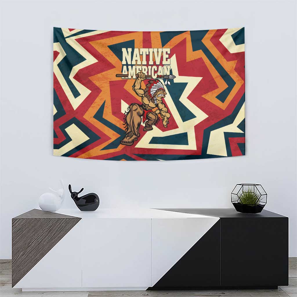 Native American Warrior Tapestry with Tribal Geometric Pattern Bold Sunset Mountain - Wonder Print Shop