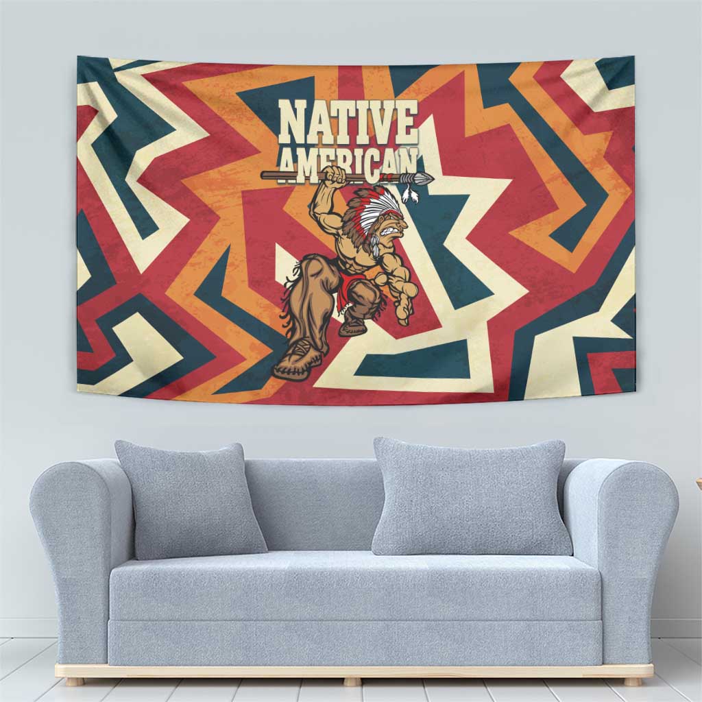 Native American Warrior Tapestry with Tribal Geometric Pattern Bold Sunset Mountain - Wonder Print Shop