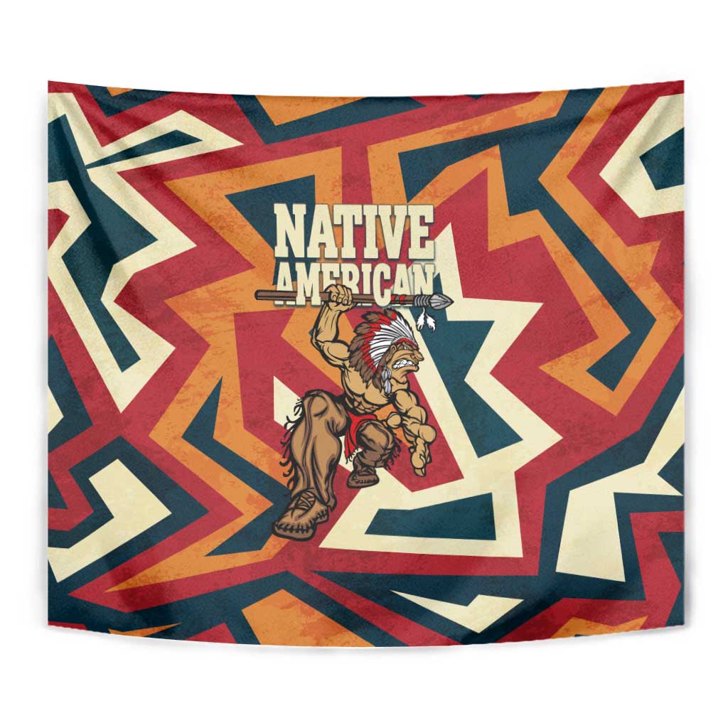 Native American Warrior Tapestry with Tribal Geometric Pattern Bold Sunset Mountain - Wonder Print Shop