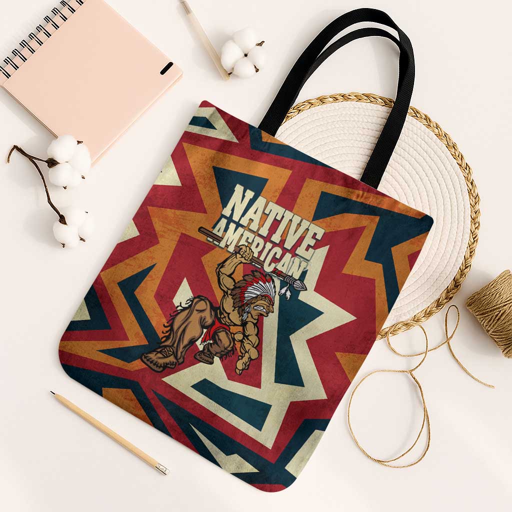 Native American Warrior Tote Bag with Tribal Geometric Pattern Bold Sunset Mountain - Wonder Print Shop