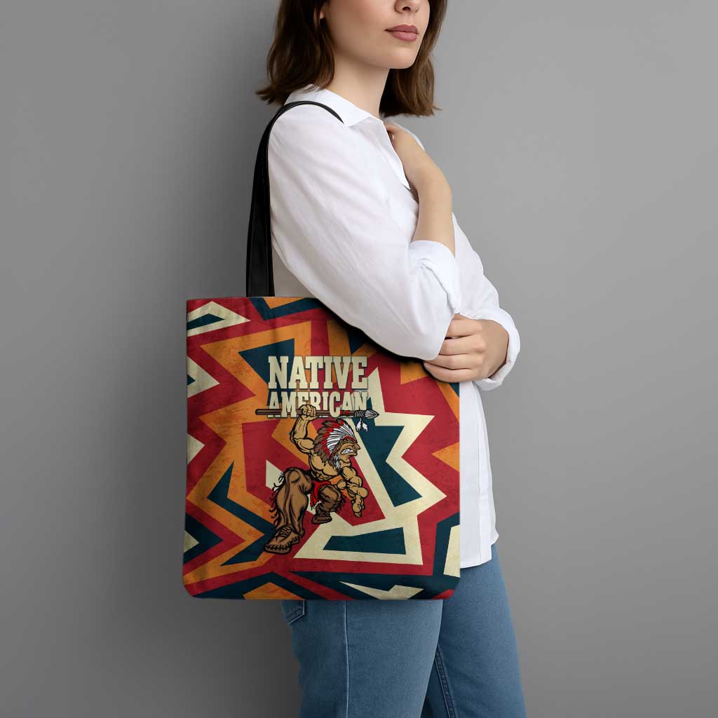 Native American Warrior Tote Bag with Tribal Geometric Pattern Bold Sunset Mountain - Wonder Print Shop