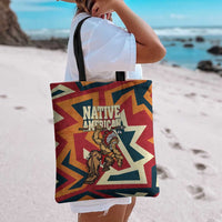 Native American Warrior Tote Bag with Tribal Geometric Pattern Bold Sunset Mountain - Wonder Print Shop
