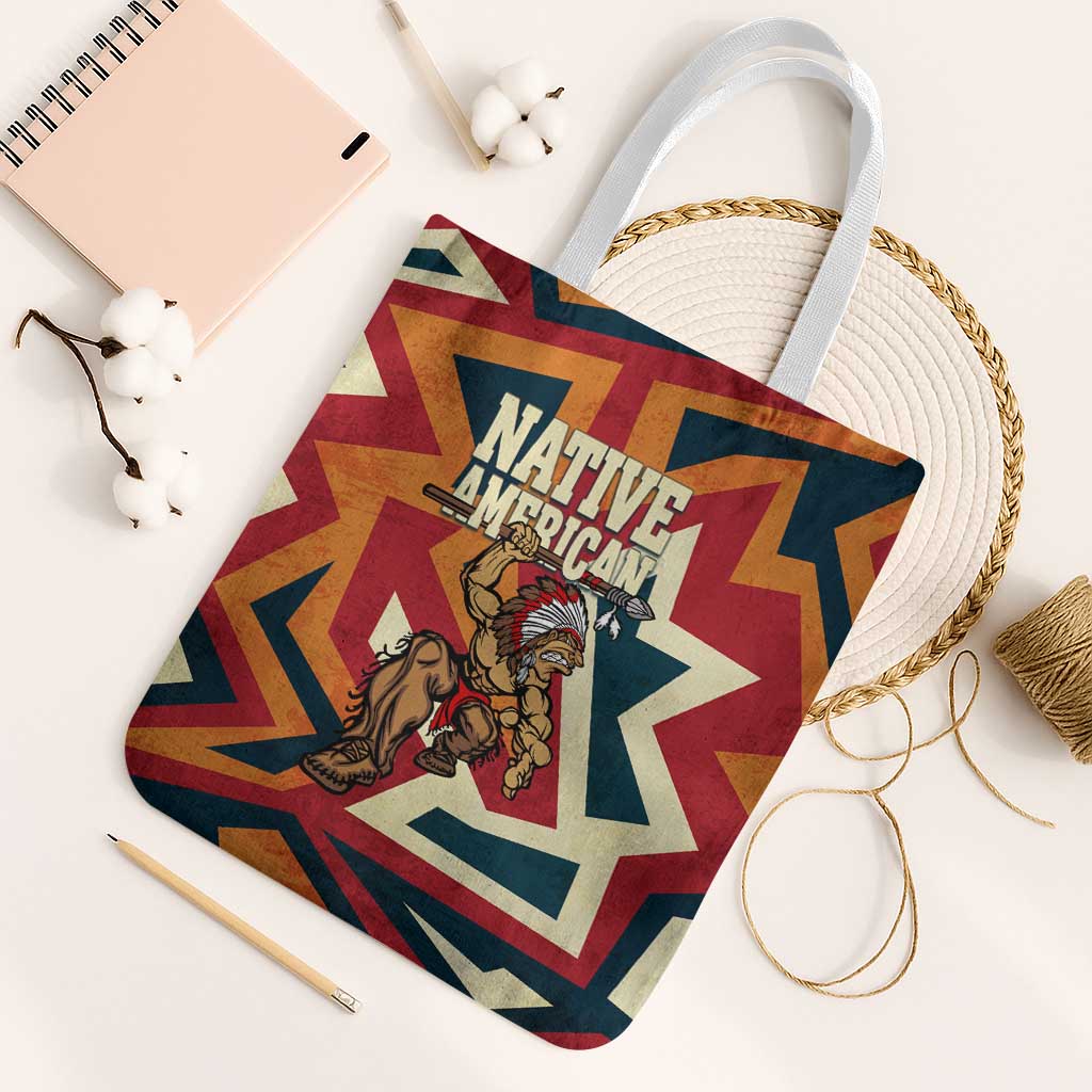 Native American Warrior Tote Bag with Tribal Geometric Pattern Bold Sunset Mountain - Wonder Print Shop