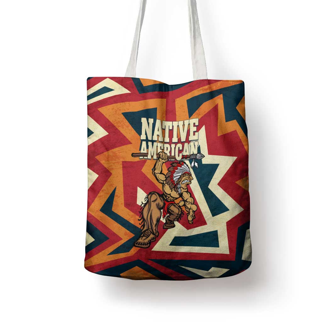 Native American Warrior Tote Bag with Tribal Geometric Pattern Bold Sunset Mountain - Wonder Print Shop