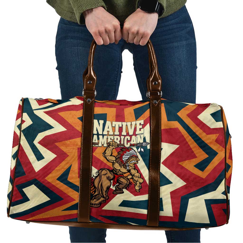Native American Warrior Travel Bag with Tribal Geometric Pattern Bold Sunset Mountain - Wonder Print Shop