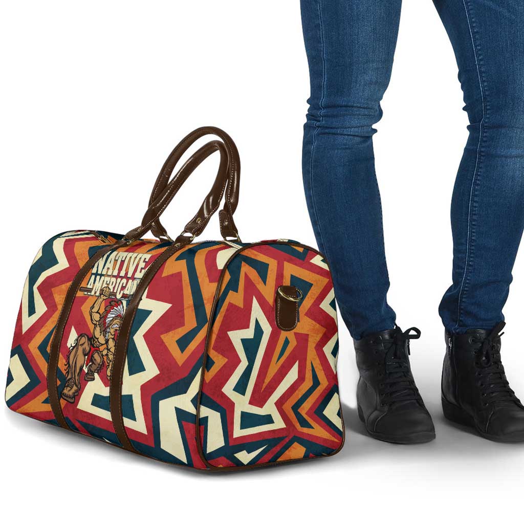 Native American Warrior Travel Bag with Tribal Geometric Pattern Bold Sunset Mountain - Wonder Print Shop