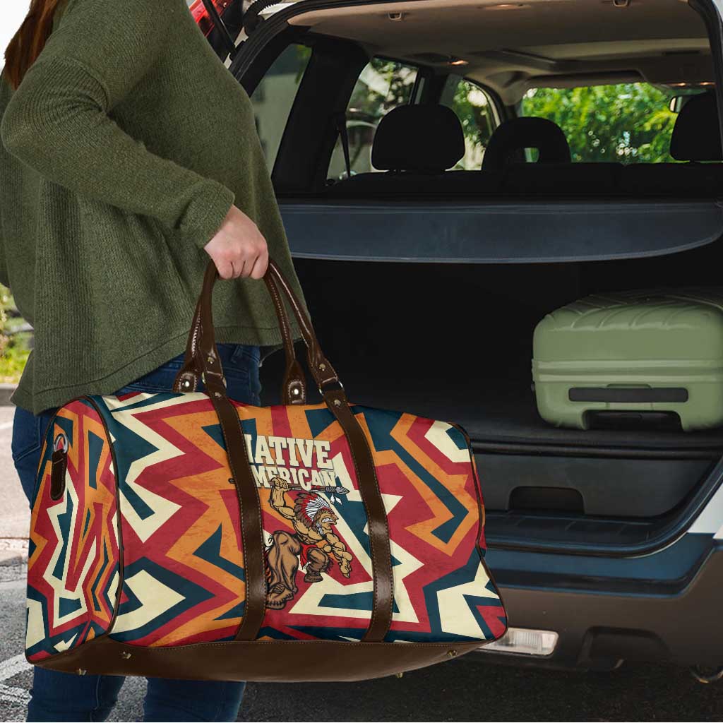 Native American Warrior Travel Bag with Tribal Geometric Pattern Bold Sunset Mountain - Wonder Print Shop