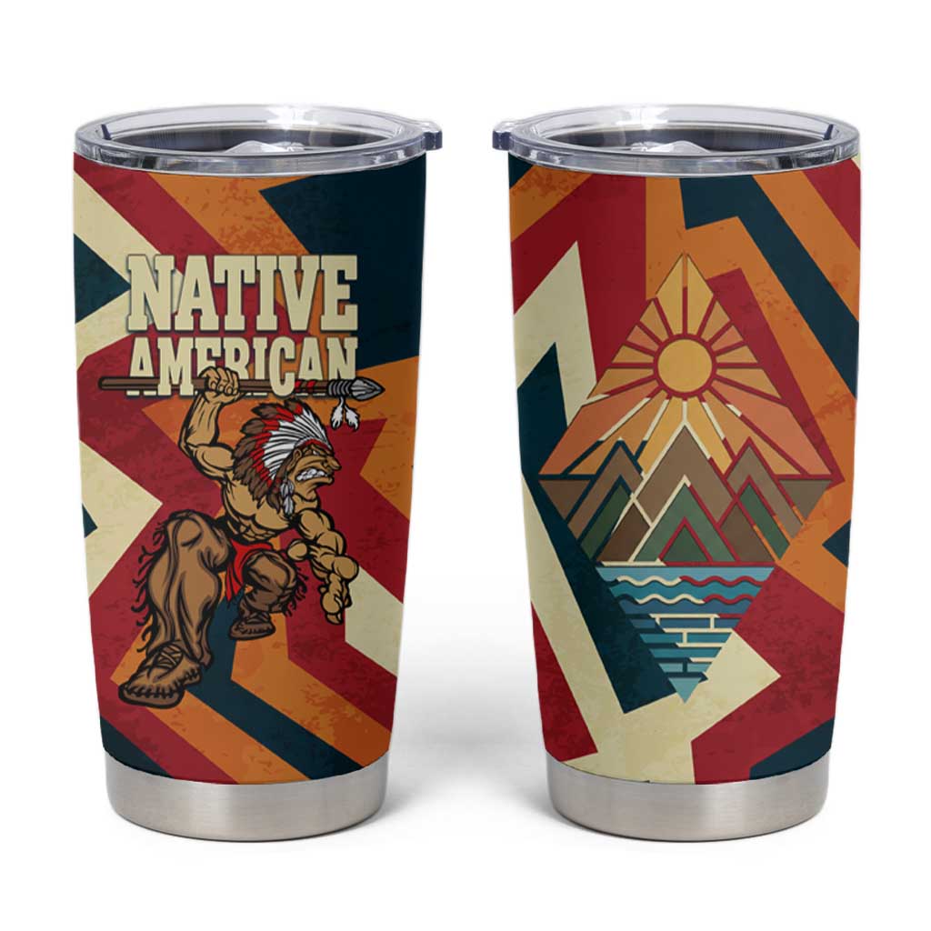 Native American Warrior Tumbler Cup with Tribal Geometric Pattern Bold Sunset Mountain - Wonder Print Shop