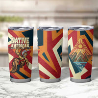 Native American Warrior Tumbler Cup with Tribal Geometric Pattern Bold Sunset Mountain - Wonder Print Shop
