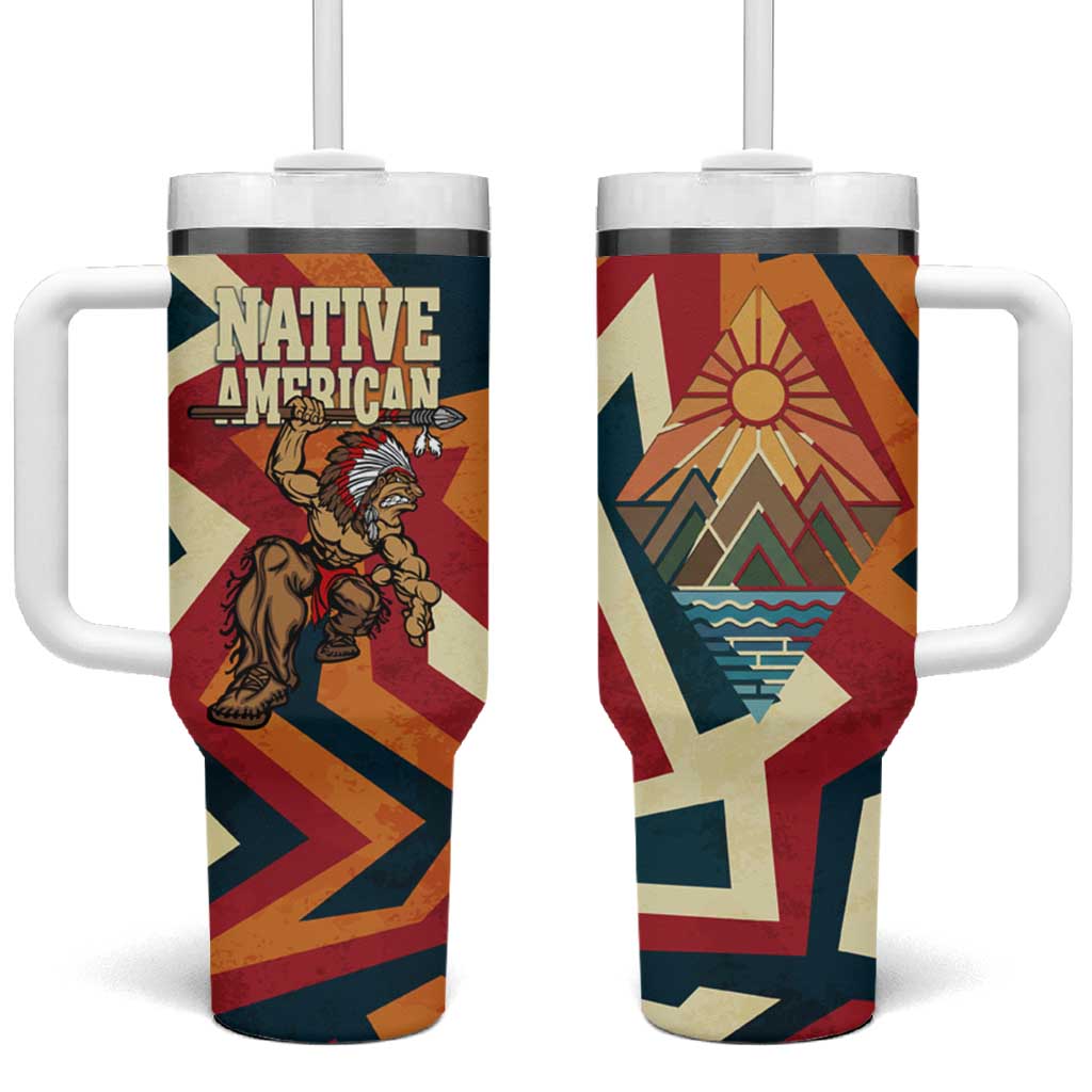 Native American Warrior Tumbler With Handle with Tribal Geometric Pattern Bold Sunset Mountain - Wonder Print Shop