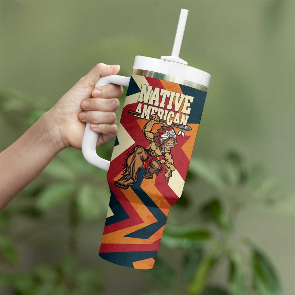 Native American Warrior Tumbler With Handle with Tribal Geometric Pattern Bold Sunset Mountain - Wonder Print Shop