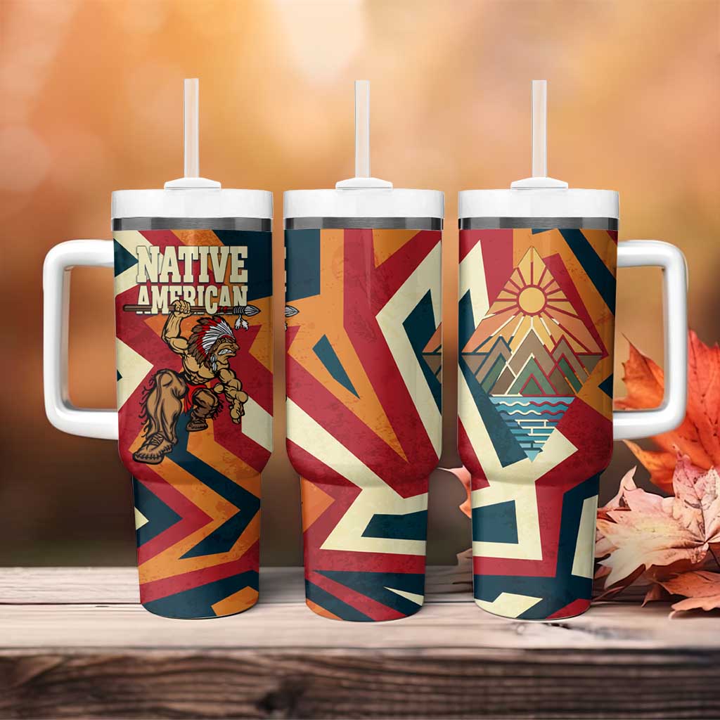 Native American Warrior Tumbler With Handle with Tribal Geometric Pattern Bold Sunset Mountain - Wonder Print Shop