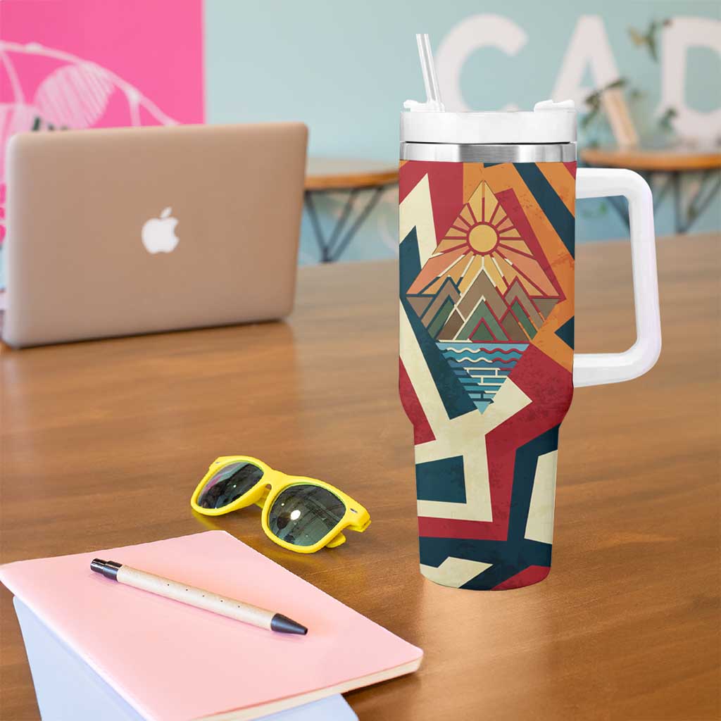 Native American Warrior Tumbler With Handle with Tribal Geometric Pattern Bold Sunset Mountain - Wonder Print Shop