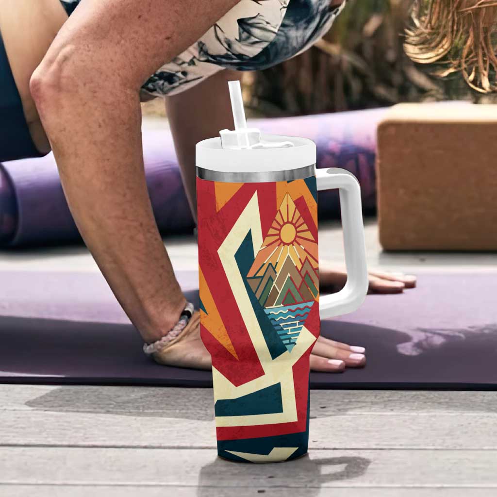 Native American Warrior Tumbler With Handle with Tribal Geometric Pattern Bold Sunset Mountain - Wonder Print Shop