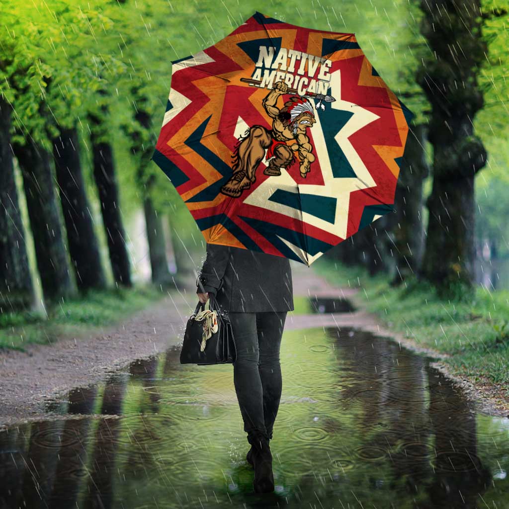 Native American Warrior Umbrella with Tribal Geometric Pattern Bold Sunset Mountain - Wonder Print Shop