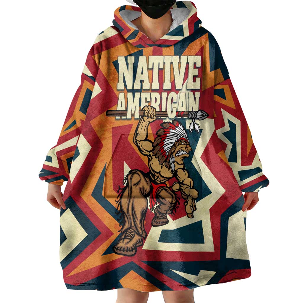 Native American Warrior Wearable Blanket Hoodie with Tribal Geometric Pattern Bold Sunset Mountain - Wonder Print Shop