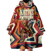 Native American Warrior Wearable Blanket Hoodie with Tribal Geometric Pattern Bold Sunset Mountain - Wonder Print Shop