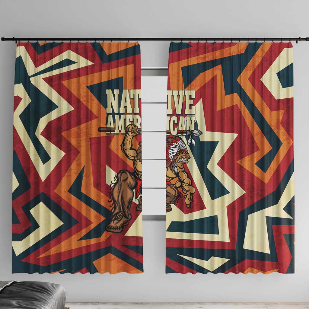 Native American Warrior Window Curtain with Tribal Geometric Pattern Bold Sunset Mountain - Wonder Print Shop