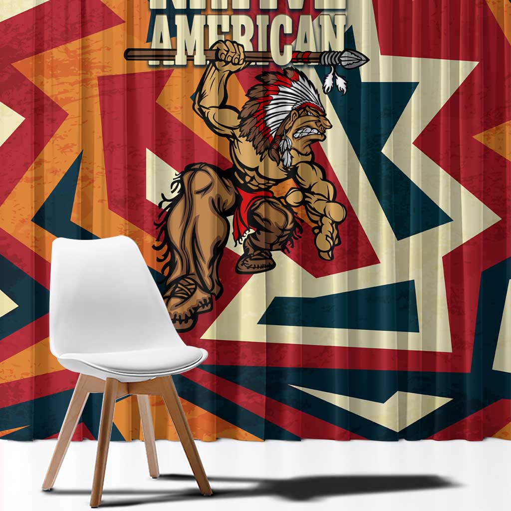 Native American Warrior Window Curtain with Tribal Geometric Pattern Bold Sunset Mountain - Wonder Print Shop