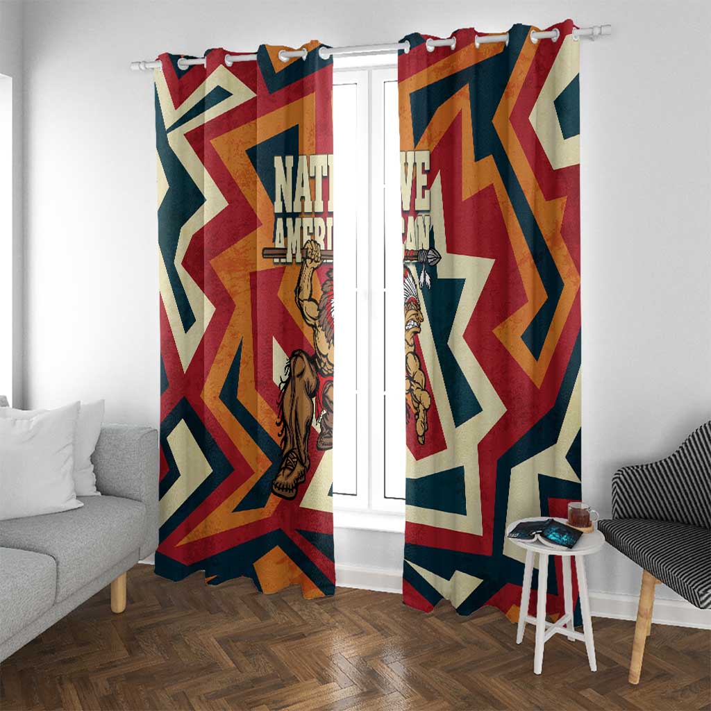 Native American Warrior Window Curtain with Tribal Geometric Pattern Bold Sunset Mountain - Wonder Print Shop