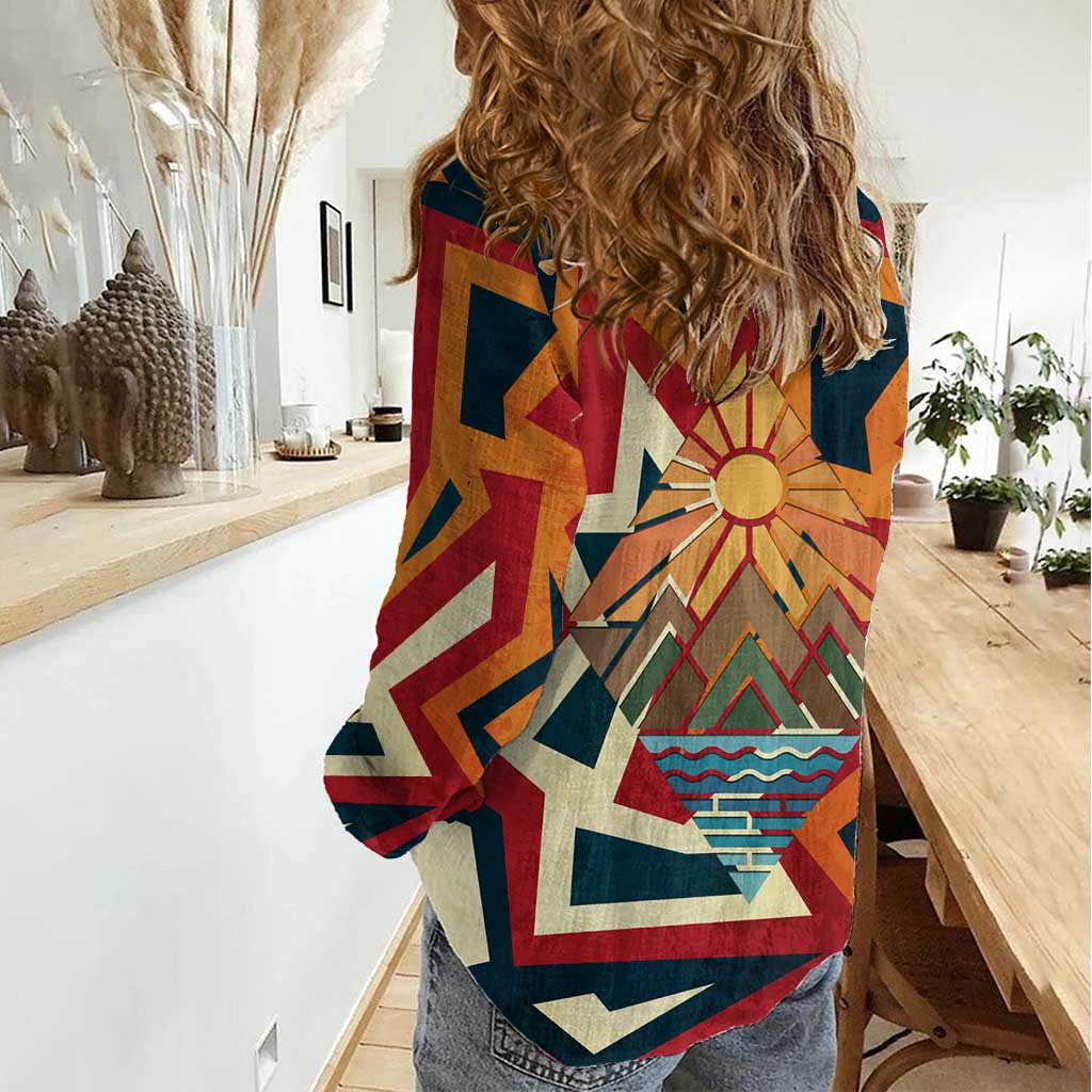 Native American Warrior Women Casual Shirt with Tribal Geometric Pattern Bold Sunset Mountain - Wonder Print Shop