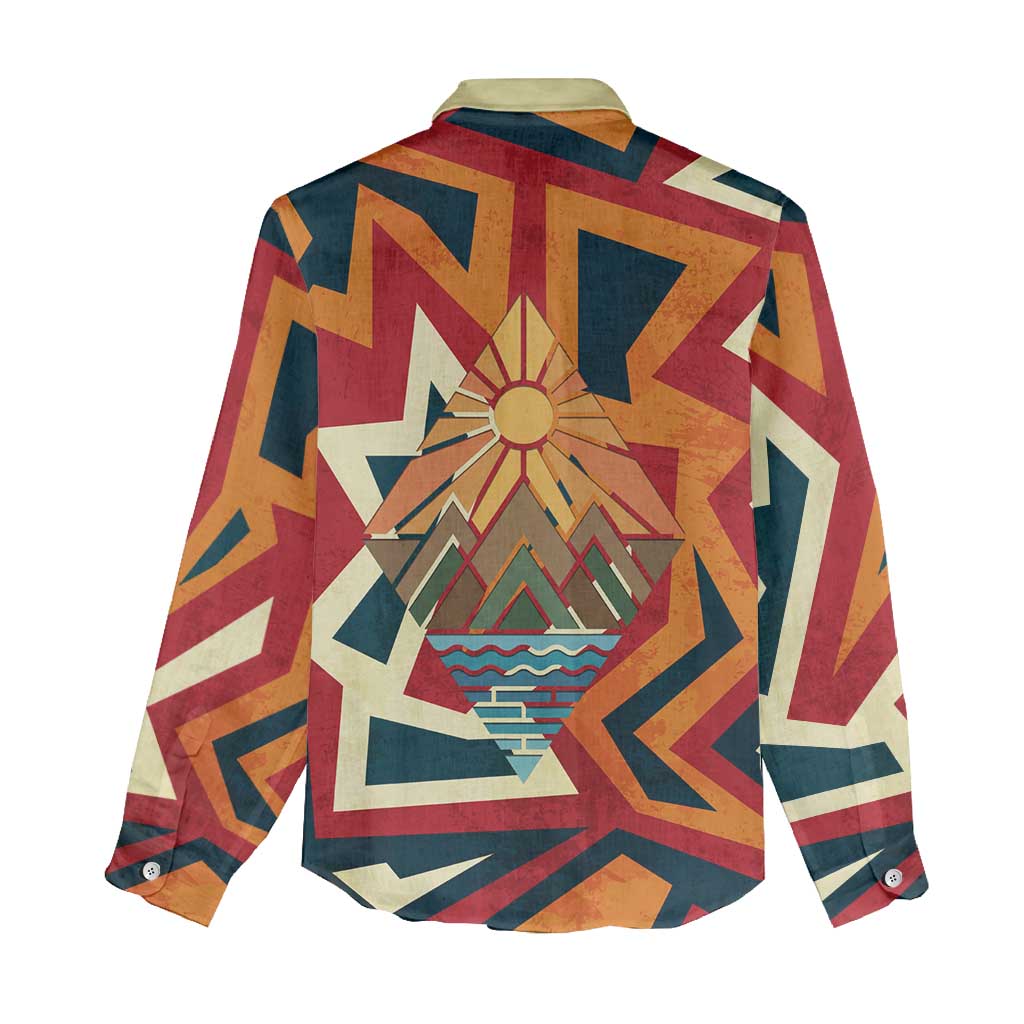 Native American Warrior Women Casual Shirt with Tribal Geometric Pattern Bold Sunset Mountain - Wonder Print Shop