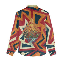 Native American Warrior Women Casual Shirt with Tribal Geometric Pattern Bold Sunset Mountain - Wonder Print Shop